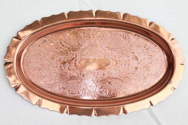 vintage copper trays or bread plates, serving dishes for autumn harvest table ware