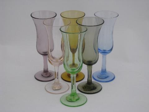 vintage cordial glasses set, tiny colored glass goblets, Japan labels