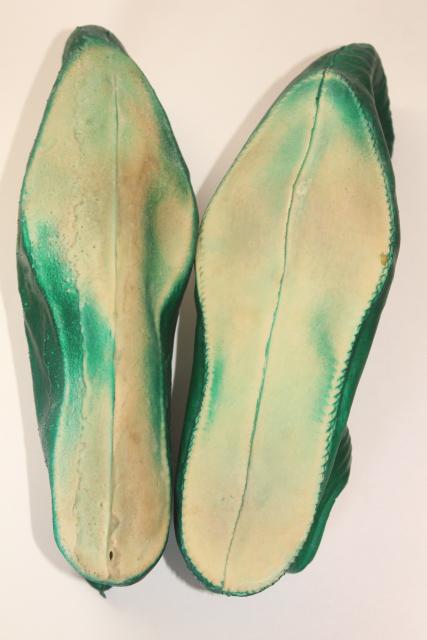 vintage costume elf leprechaun gnome fairy tale dwarf shoes, green rubber slippers