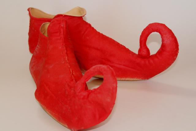 vintage costume elf leprechaun gnome fairy tale dwarf shoes, red rubber slippers