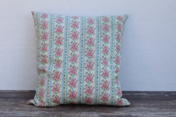 vintage cottage cotton ticking pillow, girly floral stripe print fabric cushion w/ poly fill