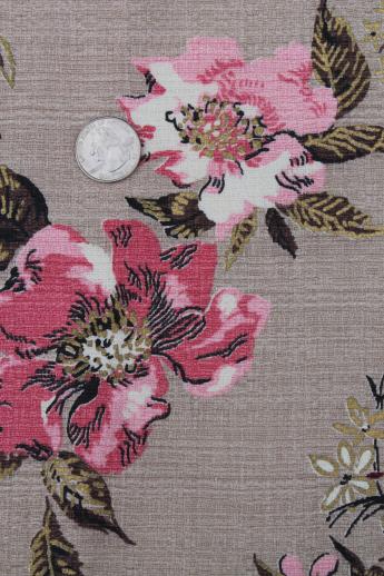 vintage cotton barkcloth remnant fabric, pink cherry blossoms print on greige
