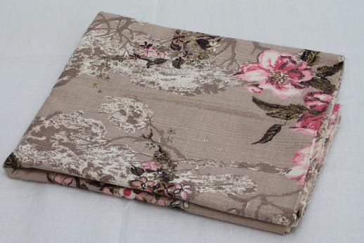vintage cotton barkcloth remnant fabric, pink cherry blossoms print on greige