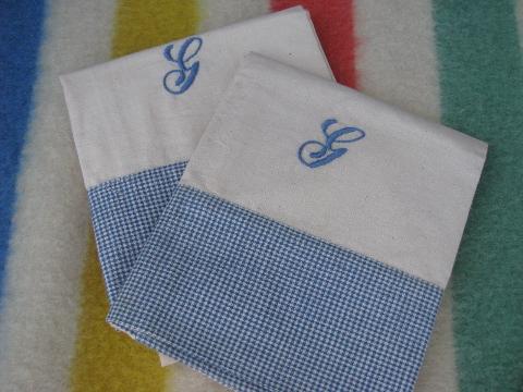 vintage cotton bed linens, lot embroidered monogram pillowcases w/blue