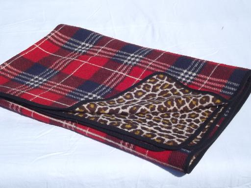 vintage cotton camp / stadium blanket, red plaid reversible to leopard