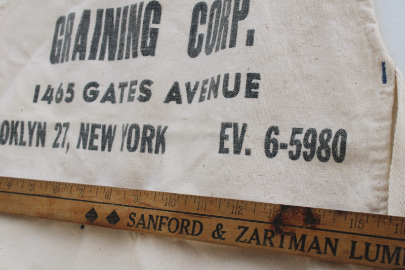 vintage cotton canvas bib apron, printers work apron w/ old advertising Brooklyn 27 New York 1950s