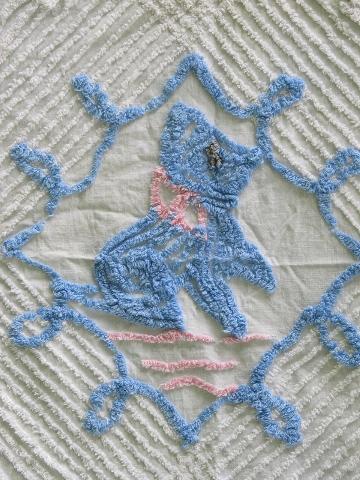 vintage cotton chenille baby bedspread, crib cover w/ pink and blue puppy
