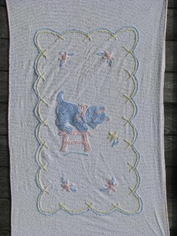 vintage cotton chenille baby bedspread or crib blanket, tiny kitten