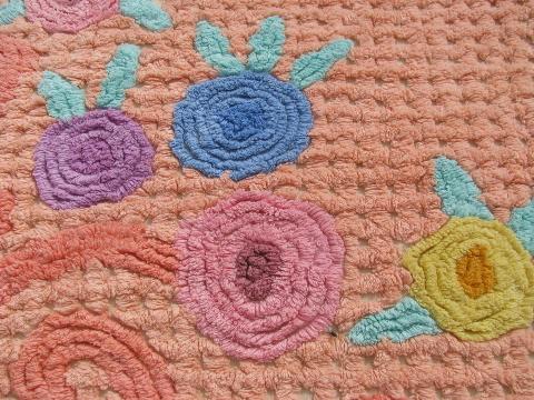 vintage cotton chenille bedspread, lattice of flowers on peach-pink