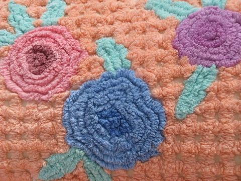 vintage cotton chenille bedspread, lattice of flowers on peach-pink