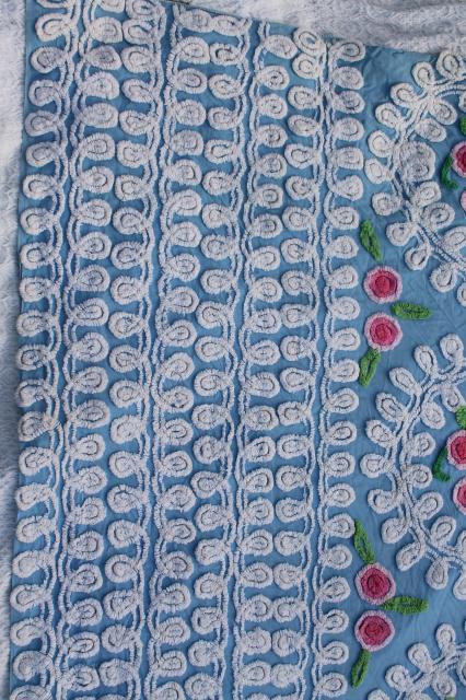 vintage cotton chenille bedspread, loopy white curlicues & bright flowers on blue