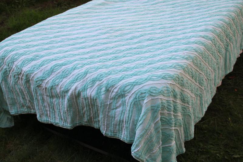 vintage cotton chenille bedspread, mint green w/ white bias striped twin size spread 