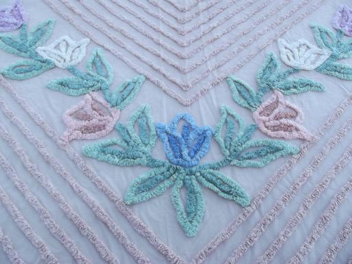 vintage cotton chenille bedspread, rose pink with garland of flowers