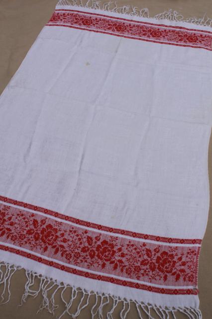 vintage cotton damask table runner kitchen cloth towel w/ red rose border