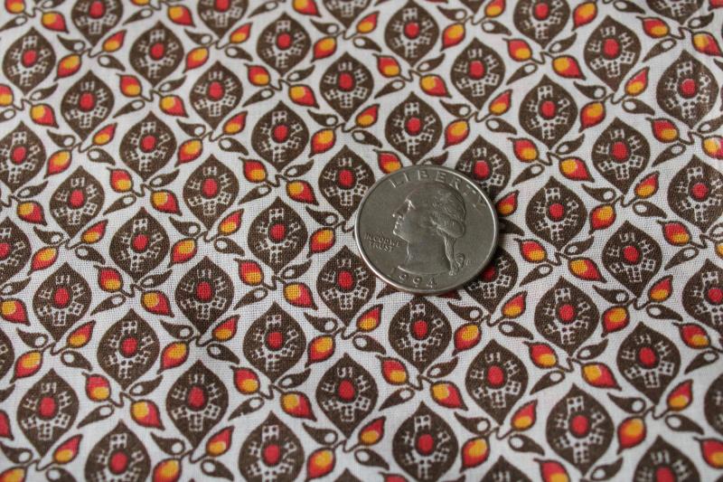 vintage cotton fabric, autumn leaf & berries print in brown, red, yellow gold