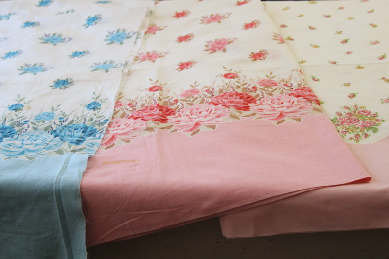 vintage cotton fabric w/ floral border prints, yardage for pillowcases, soft cotton pink  blue