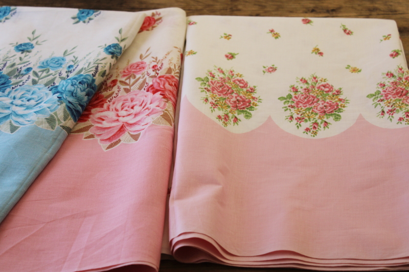 vintage cotton fabric w/ floral border prints, yardage for pillowcases, soft cotton pink  blue