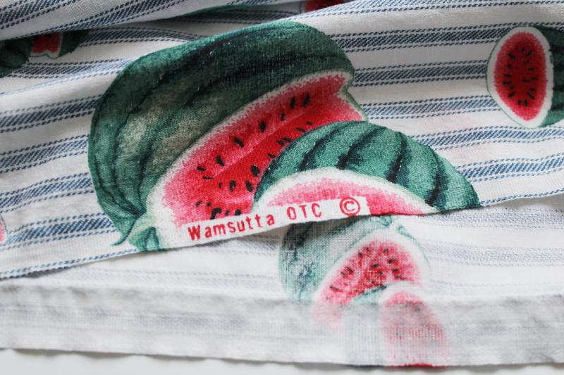 vintage cotton fabric for summer sewing, print ticking stripes w/ watermelons