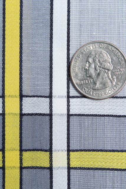 vintage cotton fabric, grey & yellow checked plaid, retro mid century modern