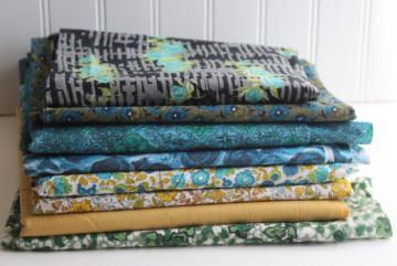 vintage cotton fabric, lot of blue green gold prints for quilting or small projects