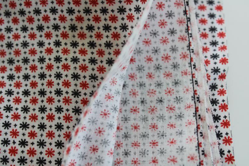 vintage cotton fabric, mid-century mod starbursts tiny print red & black on white