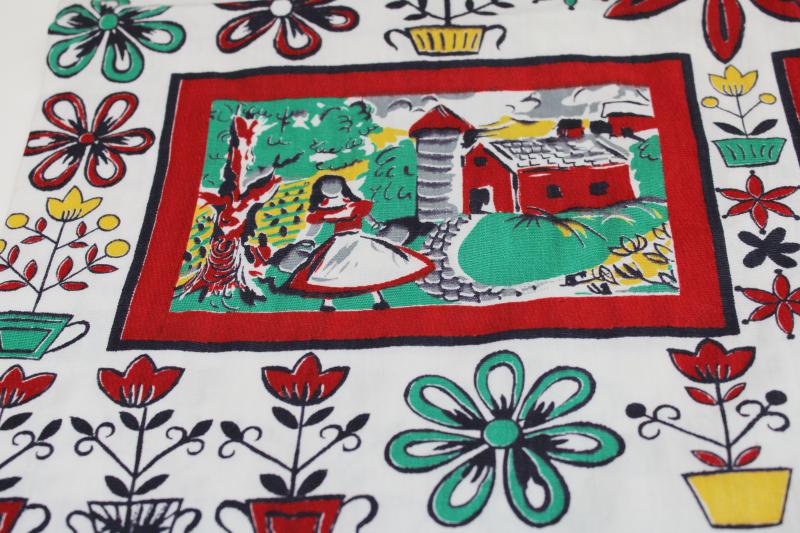 vintage cotton fabric or feedsack, Pennsylvania Dutch style folk art print w/ barn scenes