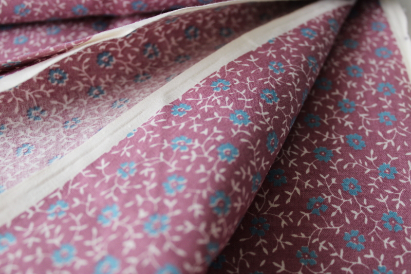 vintage cotton fabric quilting weight floral print deep dusty rose w/ blue
