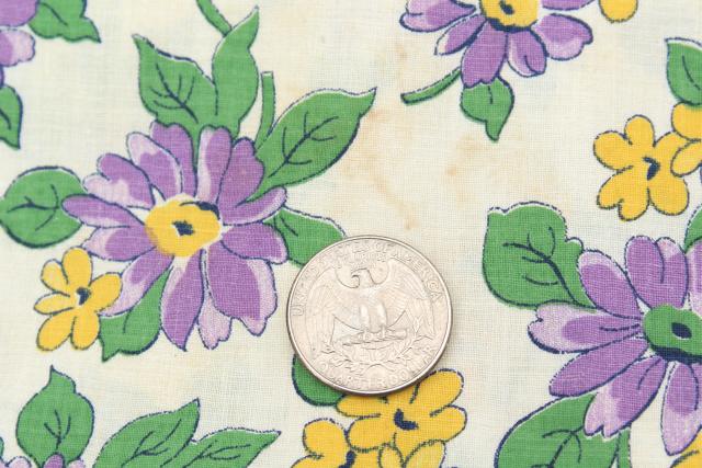 vintage cotton fabric, quilting weight material w/ floral print in lavender & yellow