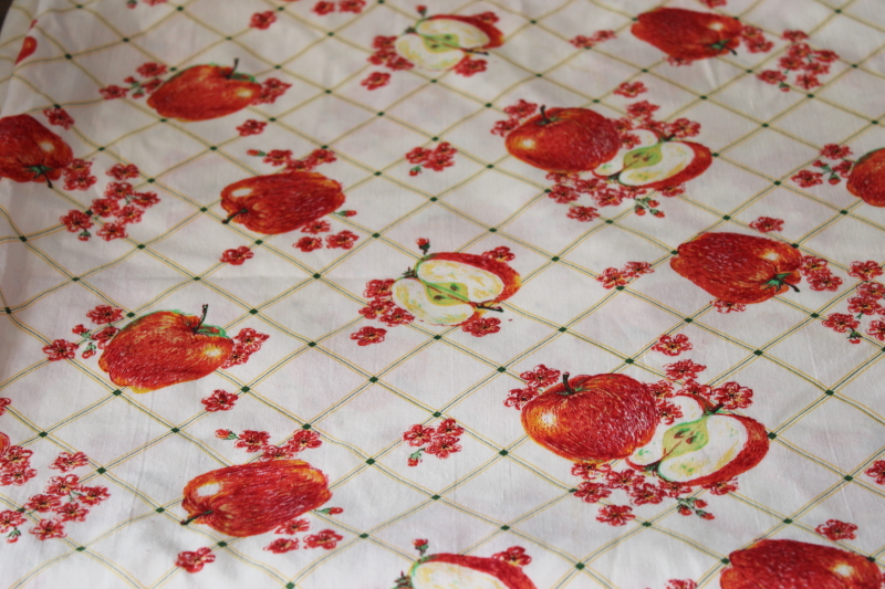 vintage cotton fabric, red delicious apple print on checked background, cute country style