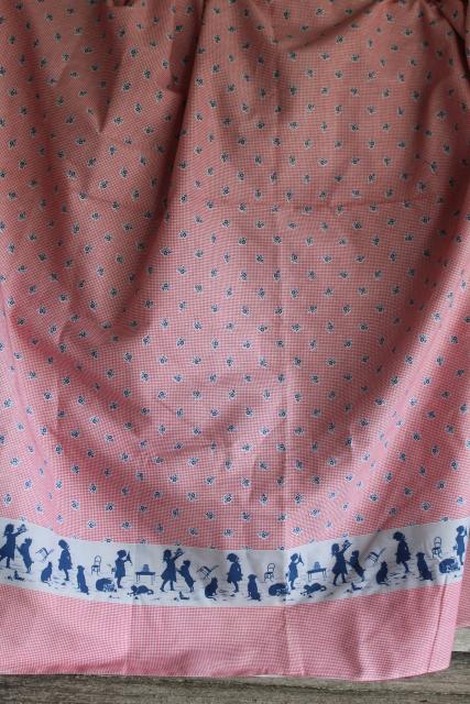 vintage cotton fabric, red & white baby checks w/ blue silhouettes children