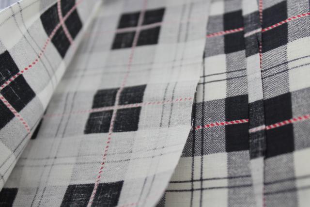 vintage cotton fabric, red & white bakers twine print black checked plaid