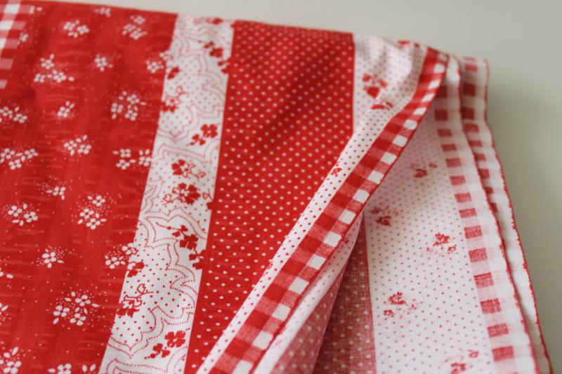 vintage cotton fabric, red & white calico stripe country cottage style flowered print