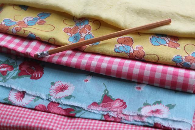 vintage cotton fabric, remnant lot 40s feedsack print, pink gingham, yellow dotted swiss