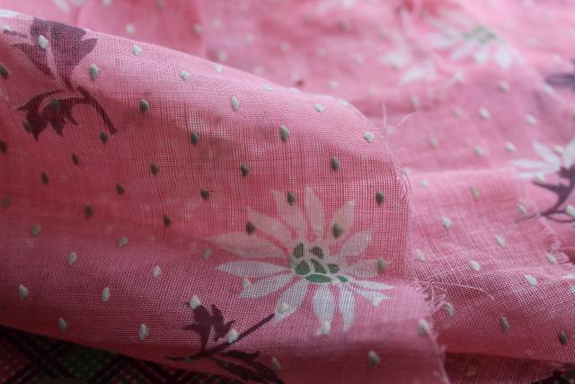 vintage cotton fabric, remnant lot rose prints, pink, floral dotted swiss