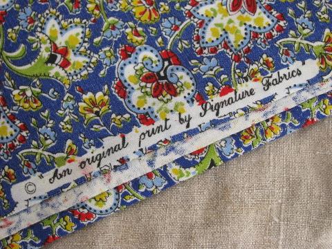 vintage cotton fabric, small paisley floral print, brights on deep blue