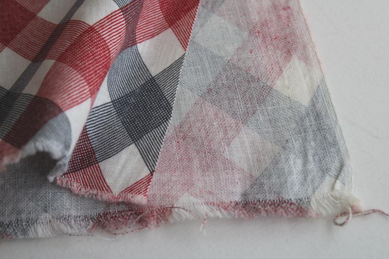vintage cotton feed sack fabric, barn red & navy blue print plaid
