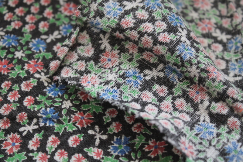 vintage cotton feed sack fabric, coarse homespun weave w/ calico print, flowers on black