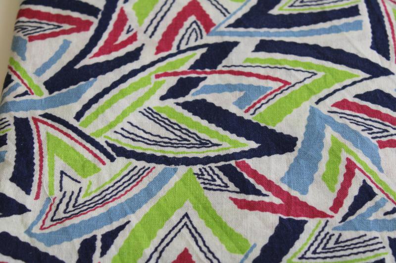 vintage cotton feed sack fabric, deco zigzag triangles print in navy, plum, blue, apple green