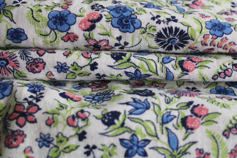 vintage cotton feed sack fabric, ditsy print floral in preppy pink, blue, green