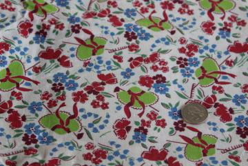 vintage cotton feed sack fabric, garden sun hats, rakes & flowers print