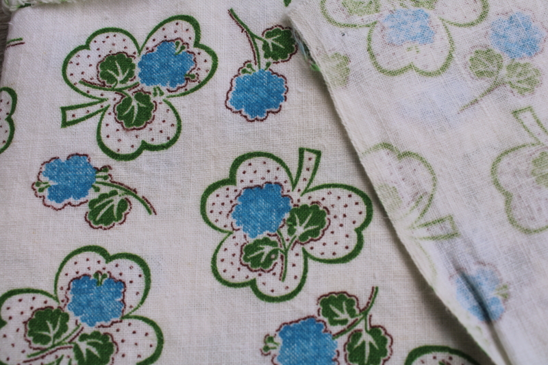 vintage cotton feed sack fabric, lucky clover shamrock print blue  green