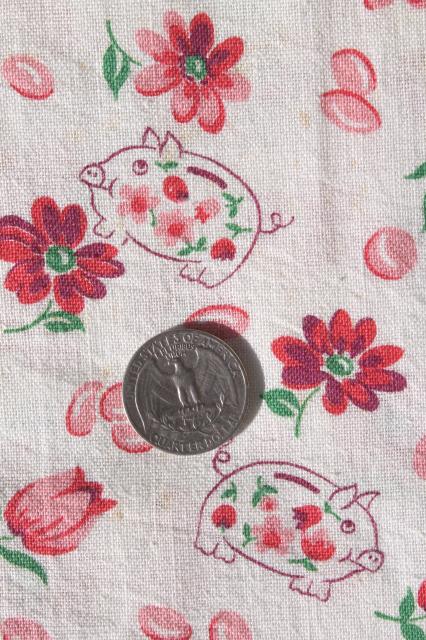 vintage cotton feed sack fabric w/ piggy bank little pigs novelty print, so cute!