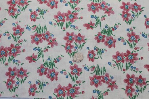 vintage cotton feed sack fabric, pink daffodil flowers, spring daffodils print