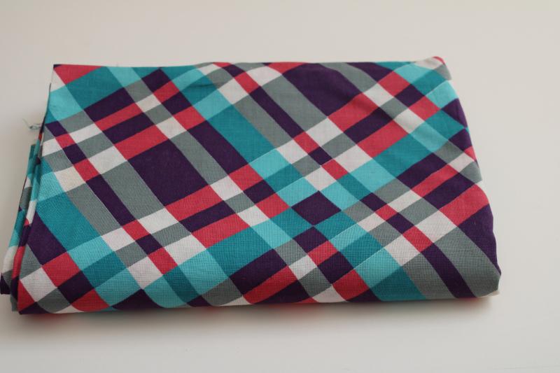 vintage cotton feed sack fabric, plaid print in teal, purple, grey, plum red