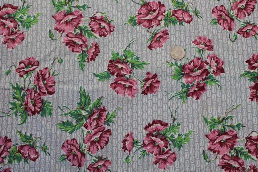 vintage cotton feed sack fabric, rose-pink poppies floral print on grey