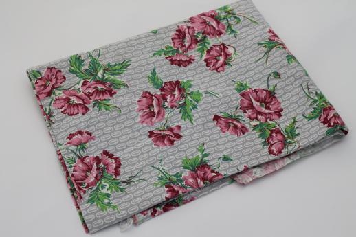 vintage cotton feed sack fabric, rose-pink poppies floral print on grey