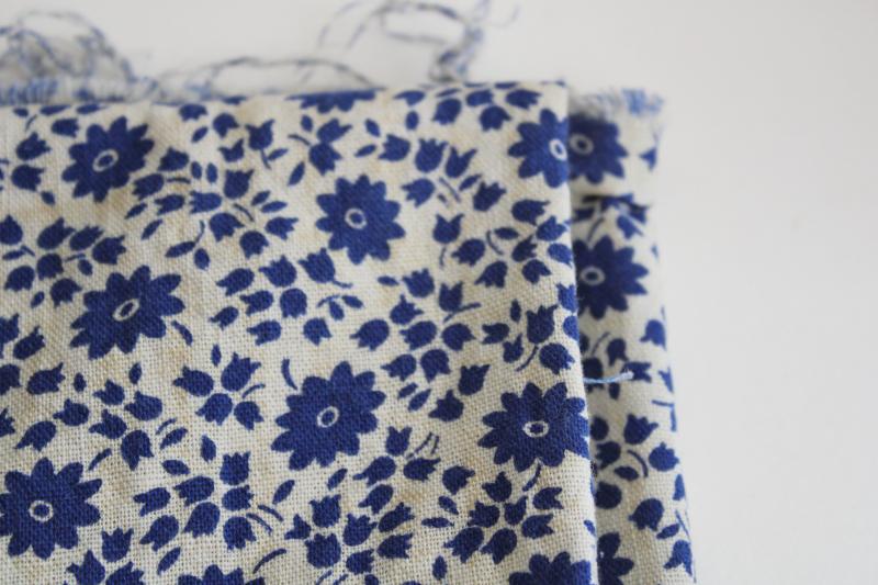 vintage cotton feed sack fabric, soft homespun texture, blue & white floral print