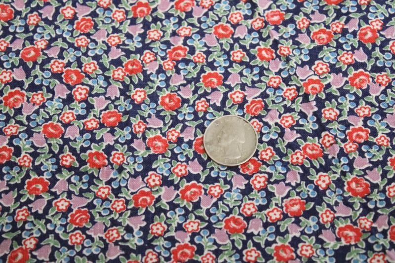 vintage cotton feed sack fabric, tiny ditsy floral print on navy blue