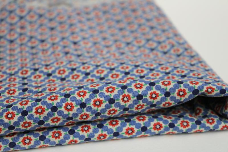 vintage cotton feed sack fabric, tiny print dots & flowers blue and red