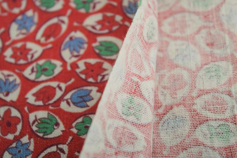 vintage cotton feed sack fabric, tiny print leaves in blue & green on red